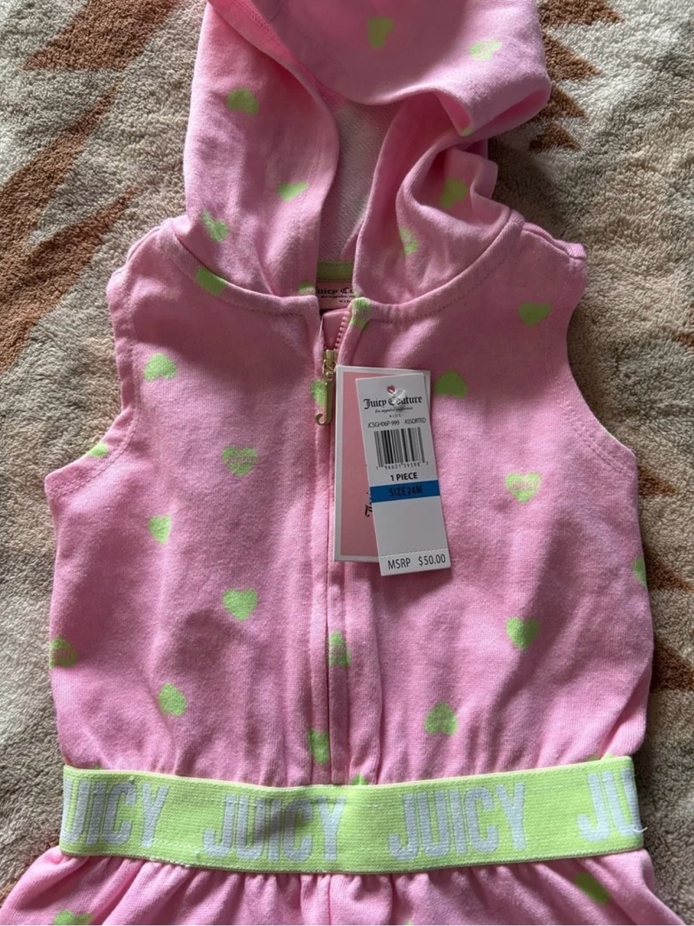 Juicy Couture Pink Sleeveless zip up Hoodie Dress with Lime Heart Print
